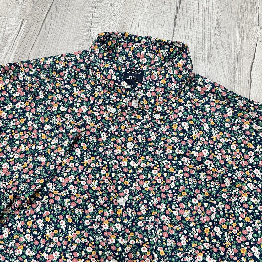 J Crew Shirt Mens Large Blue Floral Flex Washed Button Down Short Sleeve Preppy